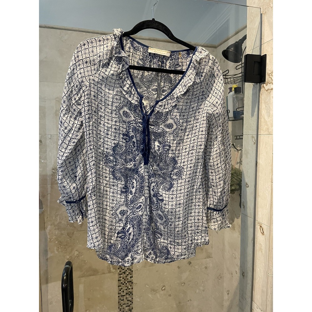 Robert Graham Blue White Silk Blouse Shirt Size M Paisley Lace Up Tie Tassels